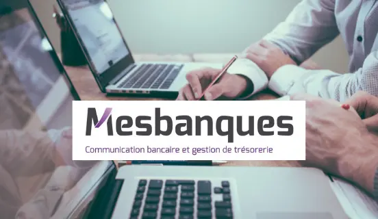 deux professionnels sur leur PC portable et le logo Mesbanques